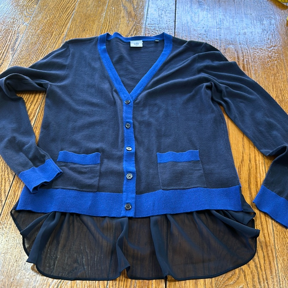 CAbi brand Michelle style cardigan. Navy blue w/royal blue details. Size Medium